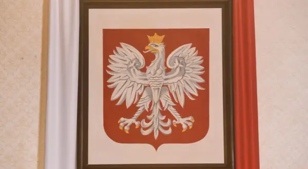 Orzeł Biały w koronie na czerwonej tarczy, symbol Polski. W tle biało-czerwone zasłony. Jakoś to będzie, nawet w trudnych czasach.