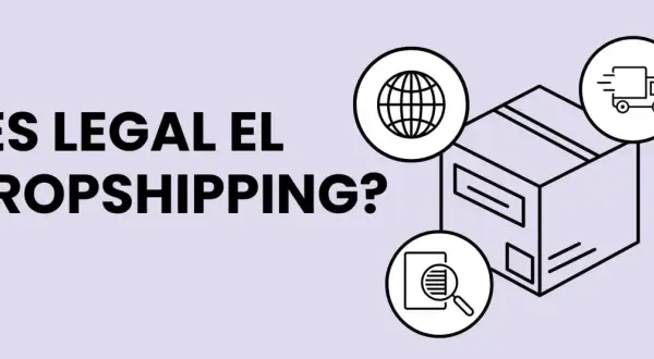 ¿Es legal el dropshipping? Iconos de globo terráqueo, lupa y camión rodean una caja, ilustrando el comercio electrónico global y la logística.