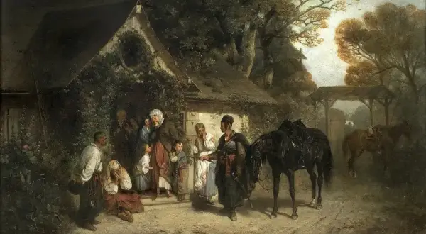 Scena pożegnania przy chacie, z ludźmi w strojach ludowych i końmi. Złote światło sugeruje babie lato interpretacja.