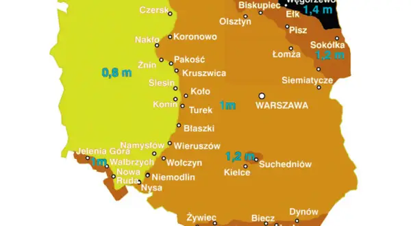 Mapa Polski z zaznaczonymi strefami przemarzania gruntu. Różne kolory wskazują głębokość przemarzania, np. 0,8 m na zachodzie, 1,4 m na północnym wschodzie.