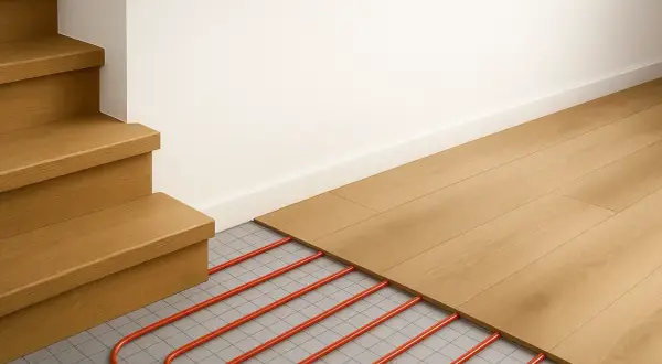 Ogrzewanie podłogowe na schodach betonowych? Instalacja czerwonych rurek pod drewnianą podłogą obok schodów sugeruje, że to ma sens.