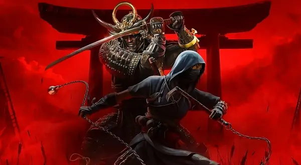 Samuraj i ninja w akcji, zapowiadający Assassin's Creed Shadows. Czerwone tło i torii tworzą mroczną atmosferę.