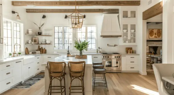 Jasna kuchnia w stylu modern farmhouse z drewnianymi belkami, wyspą i rattanowymi hokerami.