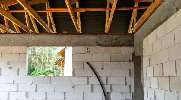 Widok wnętrza budowy z bloczków betonowych, widoczna konstrukcja dachu. To etap prac, który przybliża do momentu, jak zrobić wieniec budowlany.