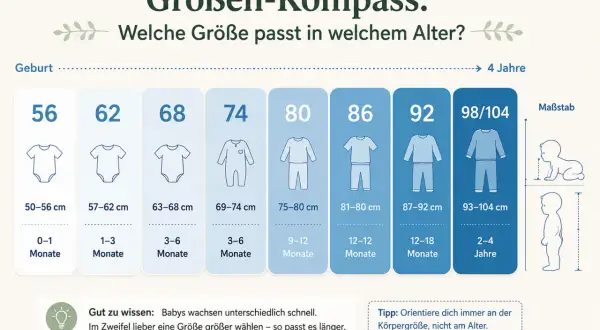 Größenkompass: 86/92 passt für 12-18 Monate. Orientierung an Körpergröße statt Alter.