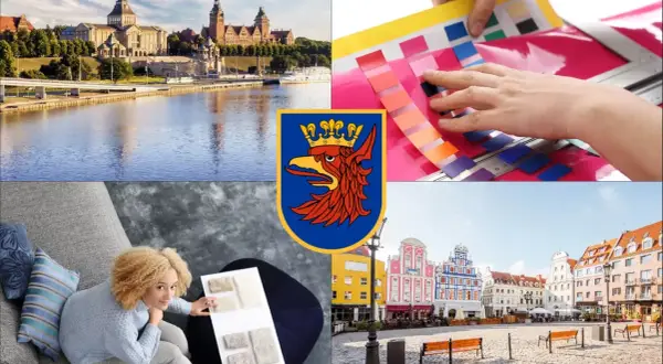 Szczecin: panorama miasta, herb, wybór kolorów i kobieta z próbkami materiałów.