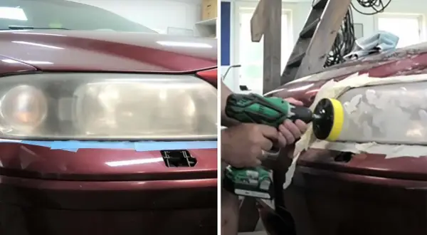 Split image showing a car headlight before and during polishing with a drill and buffing pad.