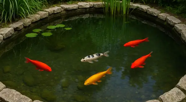 Cinq poissons de bassin, dont trois rouges vifs, un blanc et noir, et un doré, nagent dans un étang verdoyant bordé de pierres.
