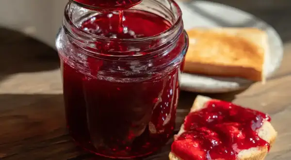 En sked med röd jordgubbssylt droppar ner i ett glasburk. En bit rostat bröd med sylt ligger bredvid. Perfekt för ett enkelt jordgubbssylt recept.