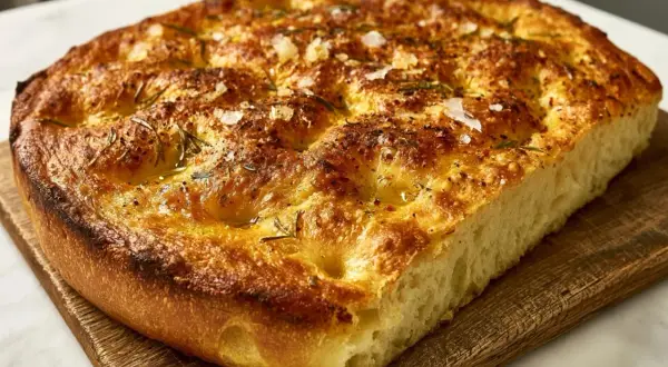 En gyllene, fluffig focaccia med rosmarin och flingsalt, perfekt för ditt nästa focaccia recept.