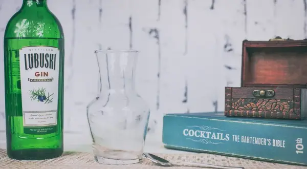 Butelka Lubuski Gin, pusta karafka, łyżka barmańska i książka "Cocktails The Bartender's Bible" sugerują przygotowanie drinków.
