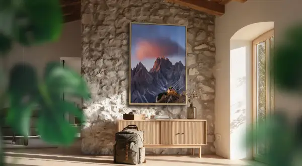 Quadro con montagne al tramonto, che cattura vibranti spazi colore. Zaino e mobile in legno completano l'arredo rustico.