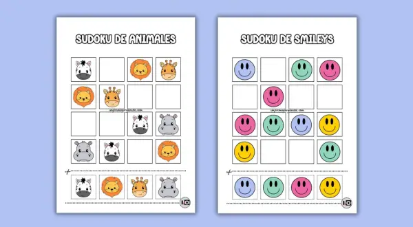 Sudoku para niños para imprimir con animales y caritas sonrientes. ¡Un divertido juego de lógica para descargar!