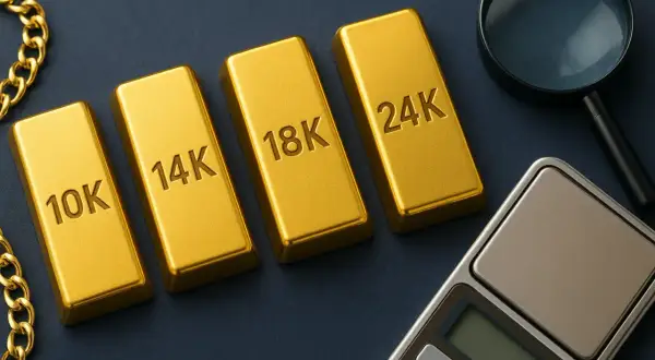 Sztabki złota o próbach 10K, 14K, 18K i 24K, obok wagi i szkła powiększającego.