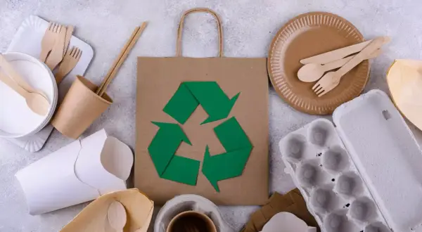 Ekologiczne naczynia i torba z symbolem recyklingu. Dbanie o gospodarkę odpadami zaczyna się od wyboru.