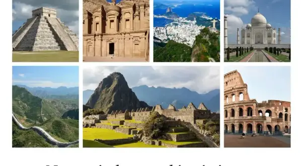 Siedem cudów świata: piramida Chichen Itza, Petra, Rio de Janeiro, Tadź Mahal, Wielki Mur Chiński, Machu Picchu, Koloseum.