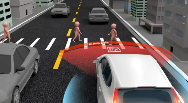Une voiture blanche avec système afu voiture détecte des piétons traversant la rue, affichant "STOP" et activant le freinage automatique.