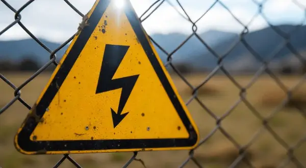 Gelbes Warnschild mit Blitzsymbol auf einem Maschendrahtzaun, das auf die Gefahren des elektrischen Stroms hinweist.