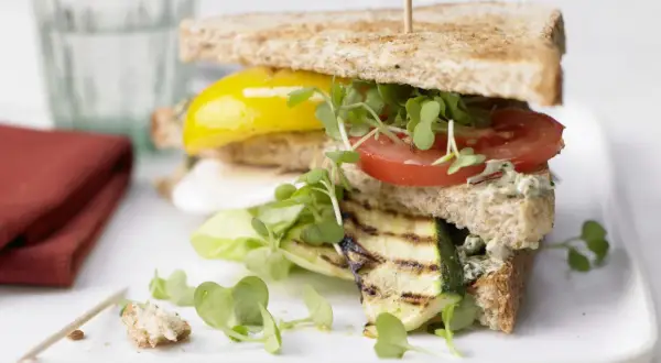 Ein saftiges, vegetarisches Sandwich mit gegrilltem Zucchini, Tomate, gelber Paprika und frischen Sprossen auf Vollkorntoast.