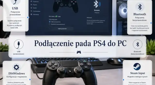 Jak podłączyć pada PS4 do PC: przewodowo przez USB dla stabilności lub bezprzewodowo przez Bluetooth. DS4Windows i Steam Input ułatwiają konfigurację.