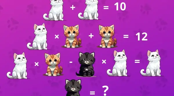Zagadka matematyczna z kotami. Biały kot + biały kot = 10. Pomarańczowy kot x pomarańczowy kot + pomarańczowy kot = 12. Biały kot x pomarańczowy kot - czarny kot x biały kot = ?. Ile iq ma kot?