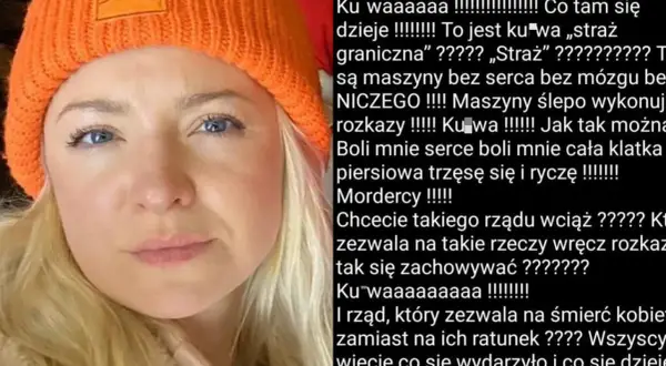 Kurdej Szatan mem: kobieta w pomarańczowej czapce z wyrazem twarzy pełnym emocji, obok tekst wyrażający oburzenie i ból.