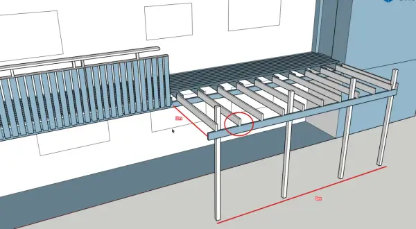 Plan för att bygga balkong på stolpar. En 6m lång och 2m djup konstruktion med räcke.
