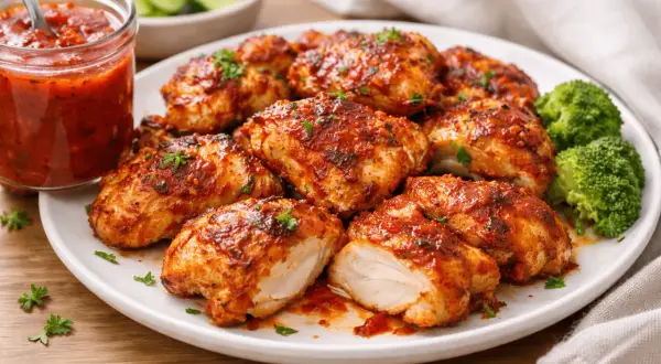 Pyszny kurczak z airfryer, polany sosem pomidorowym, podany z brokułami. Idealny obiad!