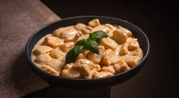 Cremige Gnocchi Gorgonzola in einer Schüssel, garniert mit frischem Basilikum. Ein Genuss für Feinschmecker.