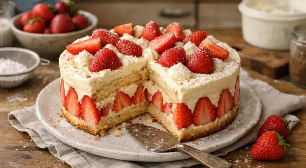 Gâteau rond à la crème pâtissière et fraises, décoré de fruits frais et de crème.