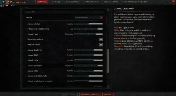 Ustawienia grafiki Diablo 4: Jakość obiektów na "Najwyższa" dla lepszych detali, ale może wpłynąć na wymagania sprzętowe.