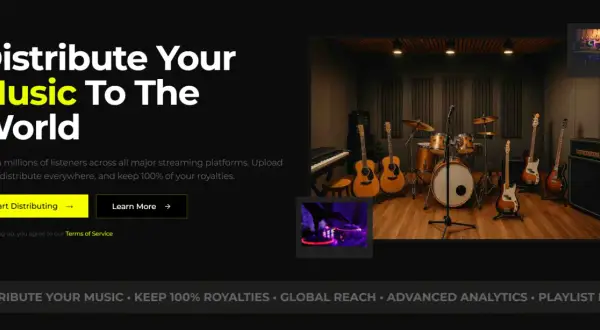 Learn how to copyright your music and distribute it globally. Image shows a music studio with instruments and DJ equipment.
