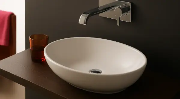 Elegancka, mała umywalka nablatowa 25 cm w nowoczesnej łazience. Obok szklanka z wodą.