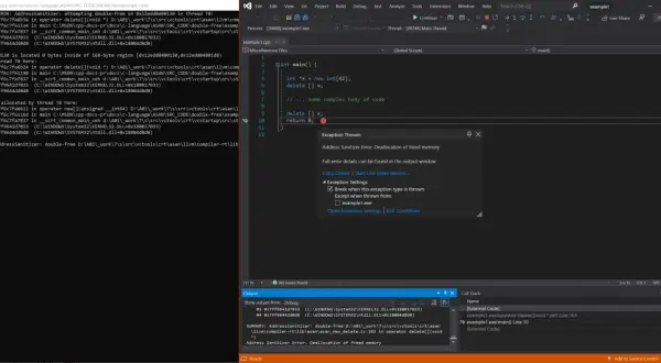 Erreur de double libération mémoire dans le code C++. L'outil Address Sanitizer détecte une tentative de libérer deux fois le même bloc mémoire.