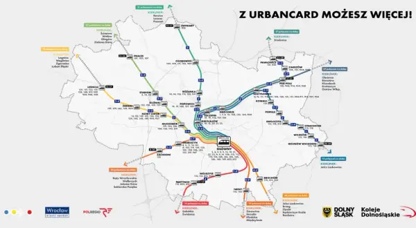 Mapa połączeń kolejowych Wrocławia i okolic. Urbancard Wrocław cennik - sprawdź trasy i ceny biletów.