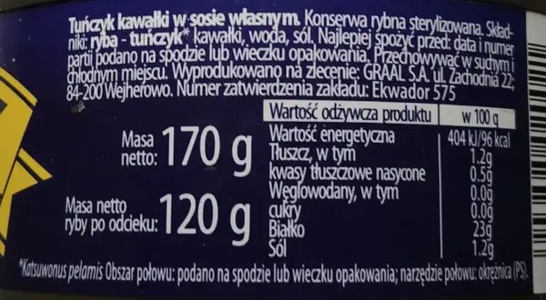 Tuńczyk w sosie własnym, 96 kcal na 100g. Konserwa rybna, masa netto 170g, ryby po odcieku 120g.