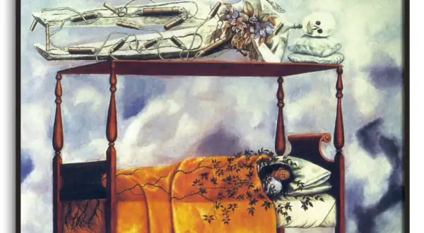 Frida Kahlo's "Henry Ford Hospital" depicts her in bed, connected to a fetus by umbilical cords. A skeleton rests above, symbolizing death.