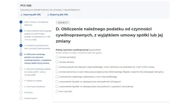 Formularz PCC-3(6) - krok 4 z 9. Obliczanie podatku od czynności cywilnoprawnych. Tu dowiesz się, jak zapłacić PCC-3 przez internet.