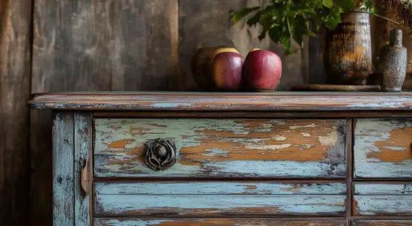 Commode ancienne avec un relook et patine bleu et bois, ornée de pommes et d'un vase.