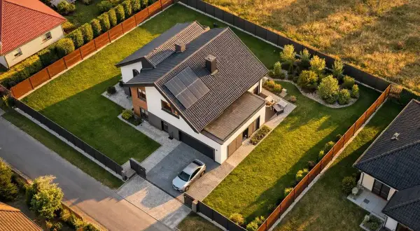 Nowoczesny dom z panelami słonecznymi i zadbanym ogrodem. Obiekt małej architektury, jak altana, jest widoczny w oddali. Odległość od granicy działki jest zachowana.