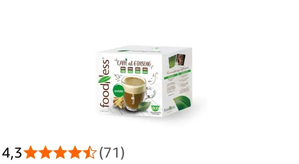 Scatola di caffè al ginseng Foodness, con tazza di bevanda e radici di ginseng. Illustra la differenza tra caffè e ginseng.