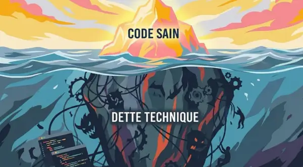 Iceberg : "Code Sain" au sommet, "Dette Technique" cachée sous l'eau avec des engrenages et des démons. Le stack web est complexe.