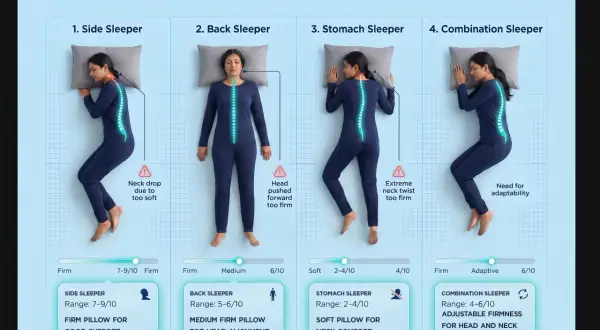 Pillow firmness scale for side, back, stomach, and combination sleepers. Ranges from soft to firm, with recommendations for each sleep position.