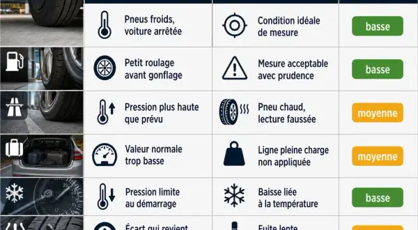 Tableau comparant les symptômes de pression des pneus, leurs causes probables et l'urgence. Une ligne indique "Pneu chaud, lecture faussée" pour une pression pneu à chaud.
