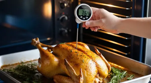En hand mäter kycklingens innertemperatur med en digital termometer. Den gyllene kycklingen ligger i en ugnsform med rosmarin.