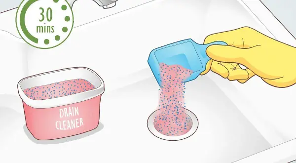 Rękawica w żółtej rękawiczce wsypuje granulat do odpływu zlewu. Obok stoi pojemnik z napisem "DRAIN CLEANER". Czas oczekiwania to 30 minut.