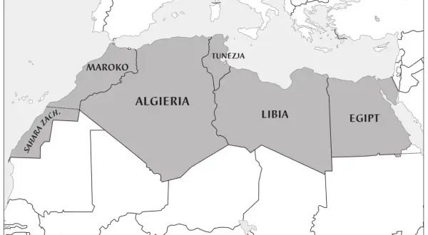 Mapa Afryki Północnej: Maroko, Algieria, Tunezja, Libia i Egipt. Egipt jaki kontynent, pokazuje jego położenie.