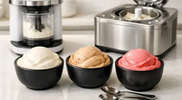 Drei Schalen mit cremigem Eis: Vanille, Karamell und Erdbeere. Daneben Eismaschinen, die den perfekten Eis bindemittel-Genuss versprechen.