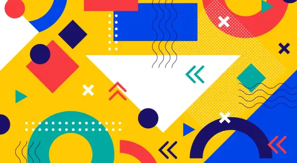Żółte tło z geometrycznymi kształtami: koła, kwadraty, trójkąty, łuki i linie faliste. Wyrazisty, nowoczesny styl graficzny.