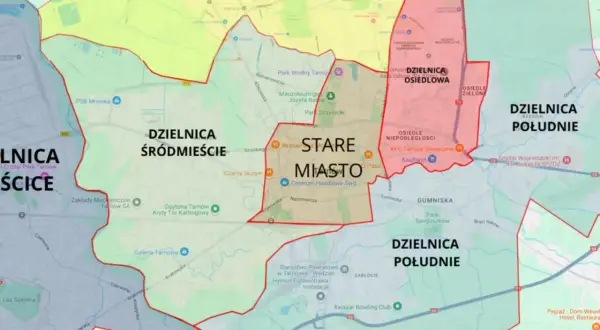 Mapa administracyjna Tarnowa z zaznaczonymi dzielnicami: Śródmieście, Stare Miasto, Osiedlowa, Południe. Widać też fragmenty Mielca.